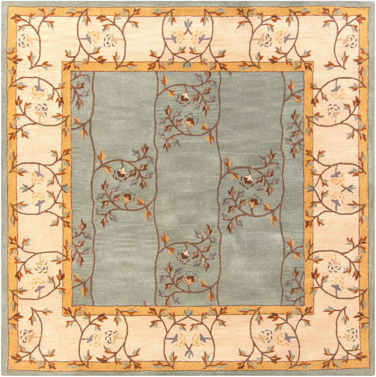 Corinth Azure hand-tufted wool rug with a light blue center and cream floral border.