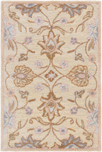 Mediterranean Lilac hand-tufted wool rug with beige, brown, and lavender floral patterns.