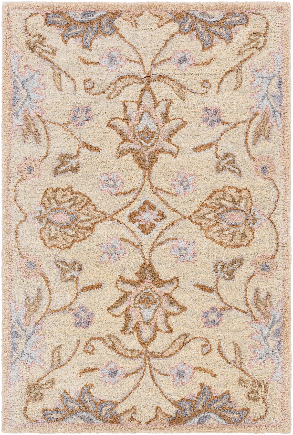 Mediterranean Lilac hand-tufted wool rug with beige, brown, and lavender floral patterns.