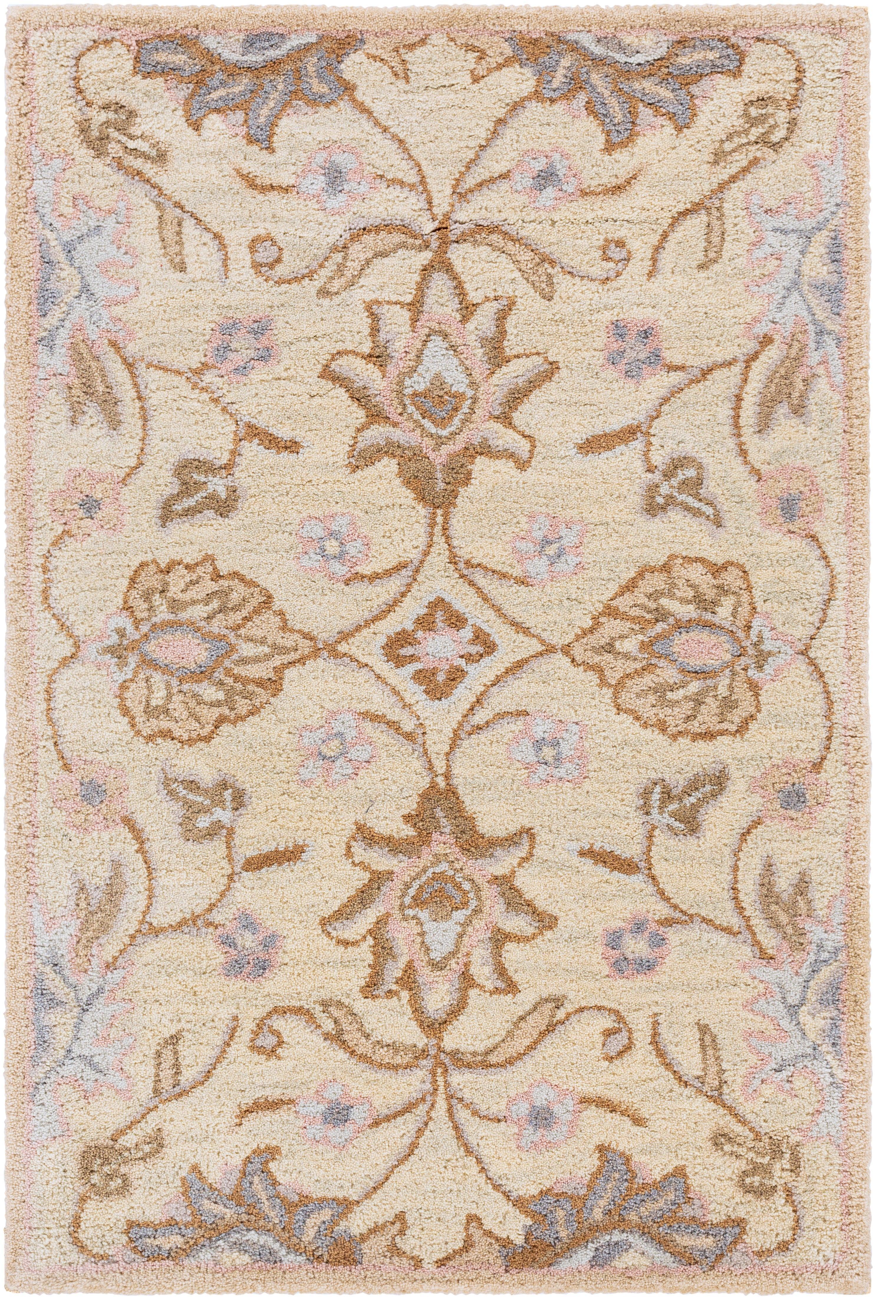 Mediterranean Lilac hand-tufted wool rug with beige, brown, and lavender floral patterns.