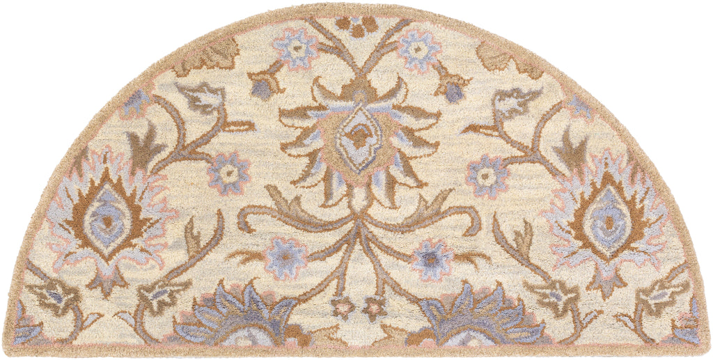 Half-round Mediterranean Lilac hand-tufted wool rug with beige, brown, and lavender floral patterns.