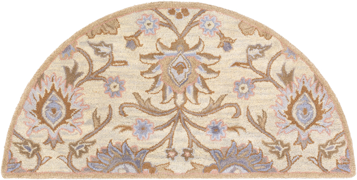 Half-round Mediterranean Lilac hand-tufted wool rug with beige, brown, and lavender floral patterns.