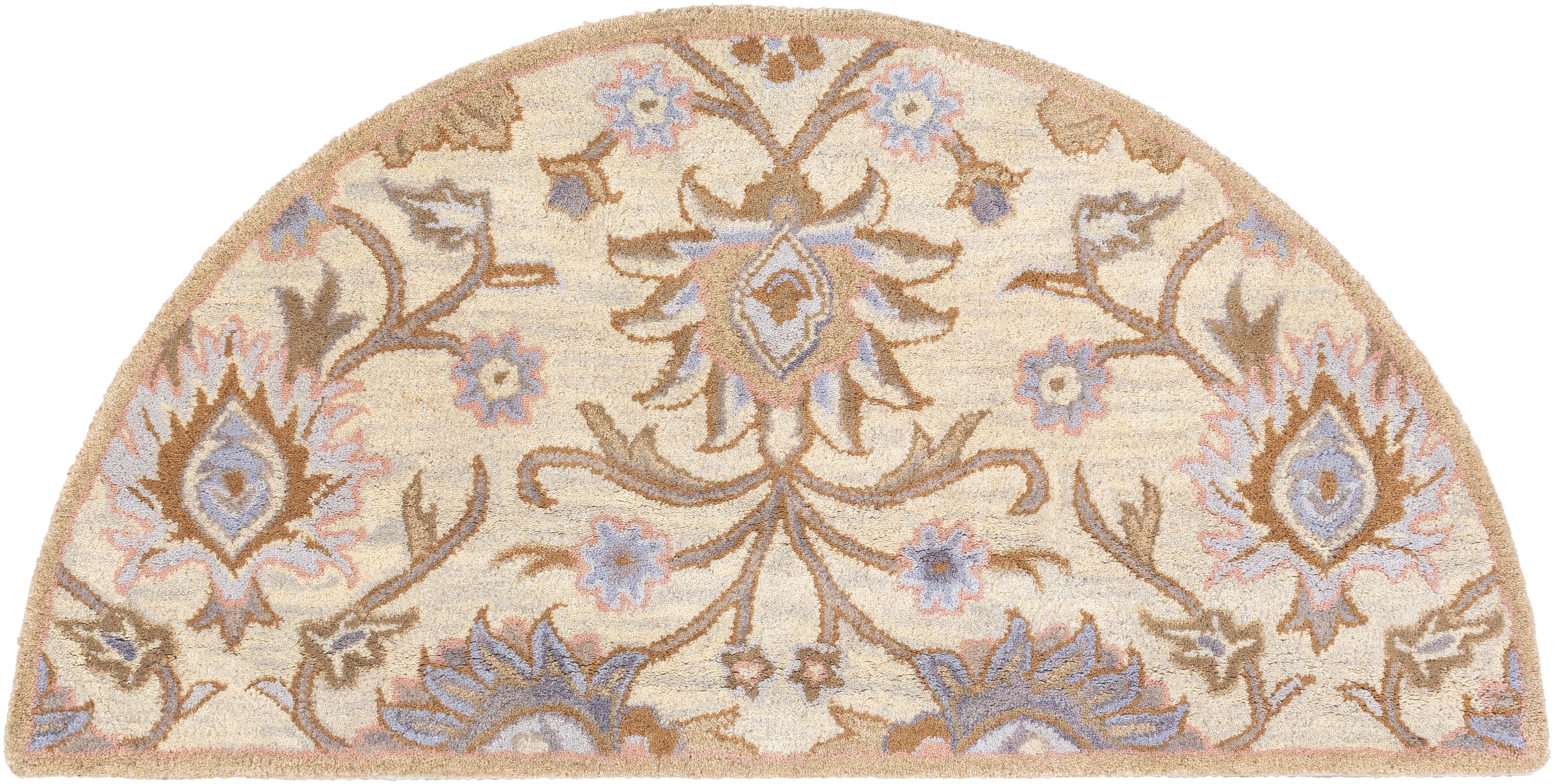 Half-round Mediterranean Lilac hand-tufted wool rug with beige, brown, and lavender floral patterns.
