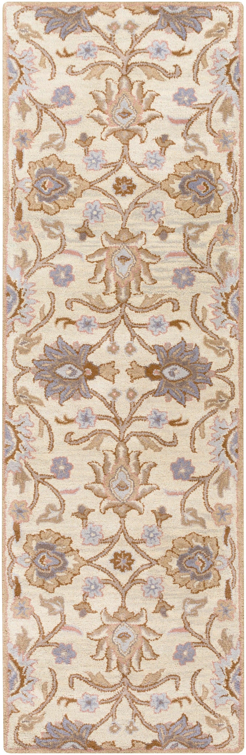 Mediterranean Lilac hand-tufted wool runner rug with beige and lavender floral patterns.