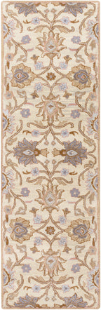 Mediterranean Lilac hand-tufted wool runner rug with beige and lavender floral patterns.