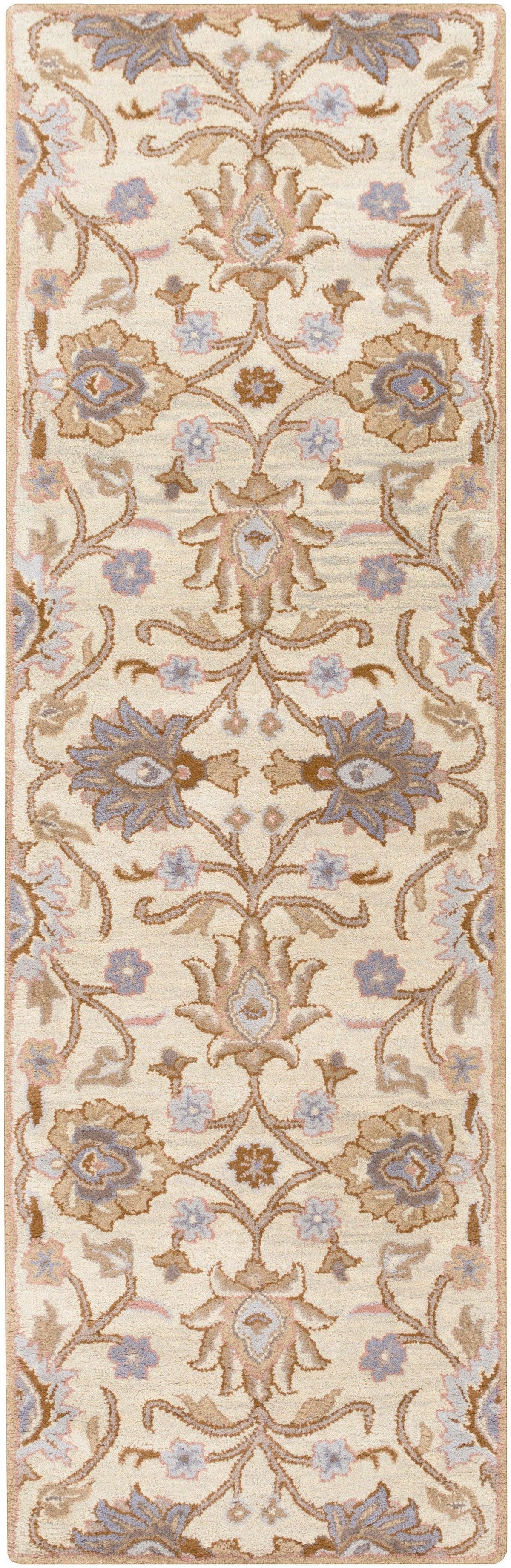 Mediterranean Lilac hand-tufted wool runner rug with beige and lavender floral patterns.