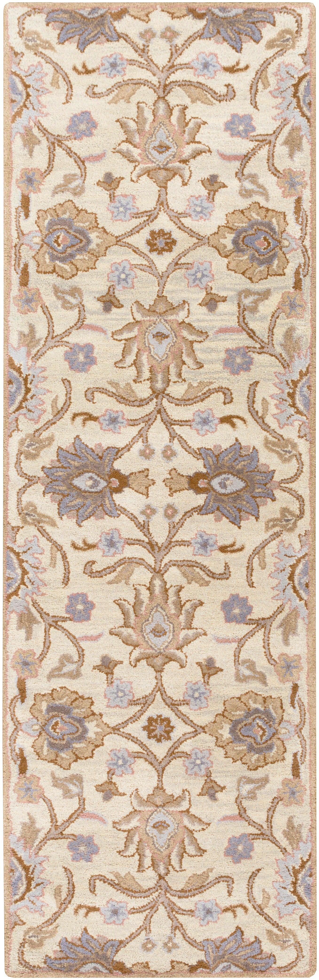 Mediterranean Lilac hand-tufted wool runner rug with beige and lavender floral patterns.