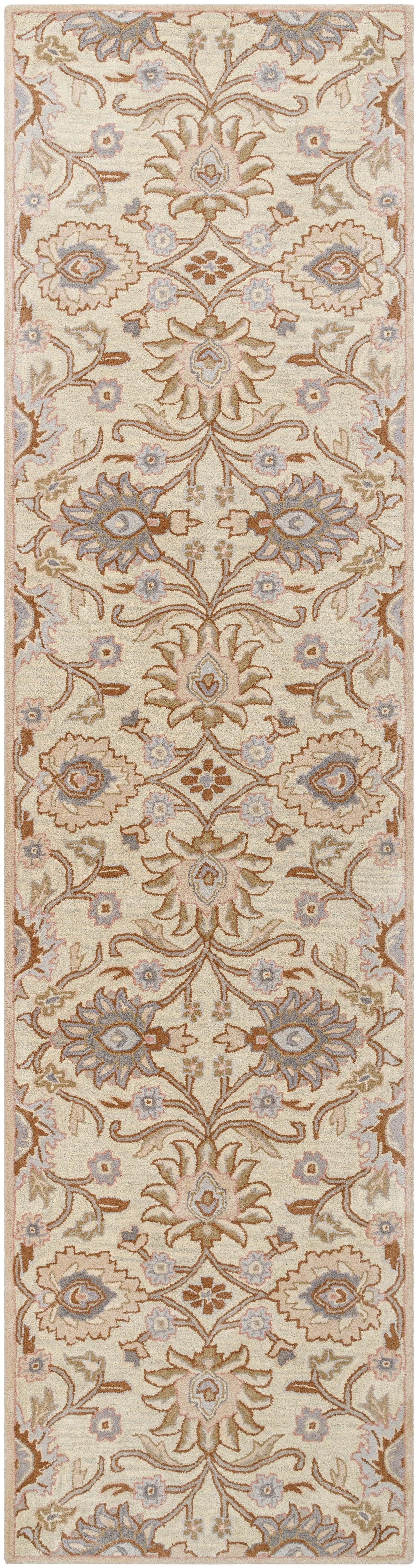 Mediterranean Lilac hand-tufted wool runner rug with beige and lavender floral patterns.