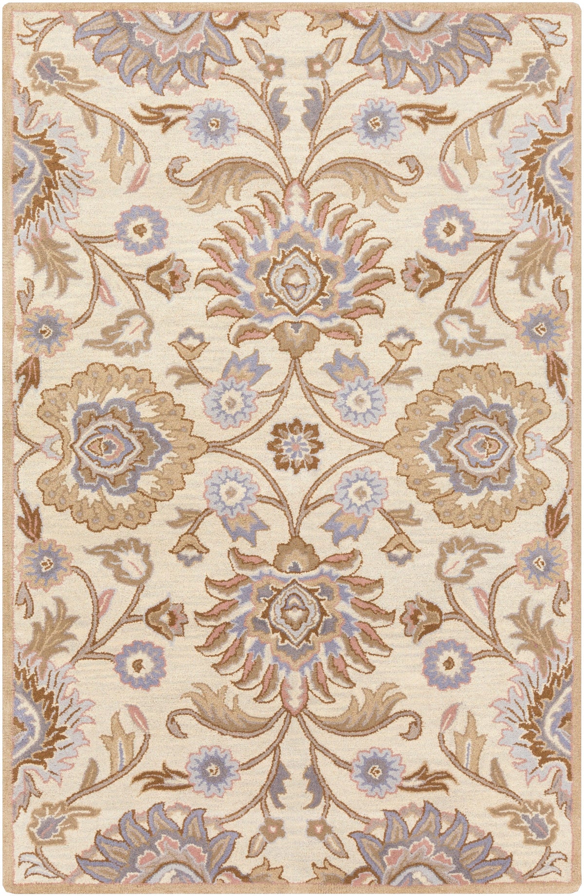 Mediterranean Lilac hand-tufted wool rug with beige, lavender, and brown floral patterns.