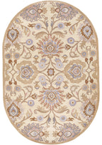 Oval Mediterranean Lilac hand-tufted wool rug with beige, lavender, and brown floral patterns.