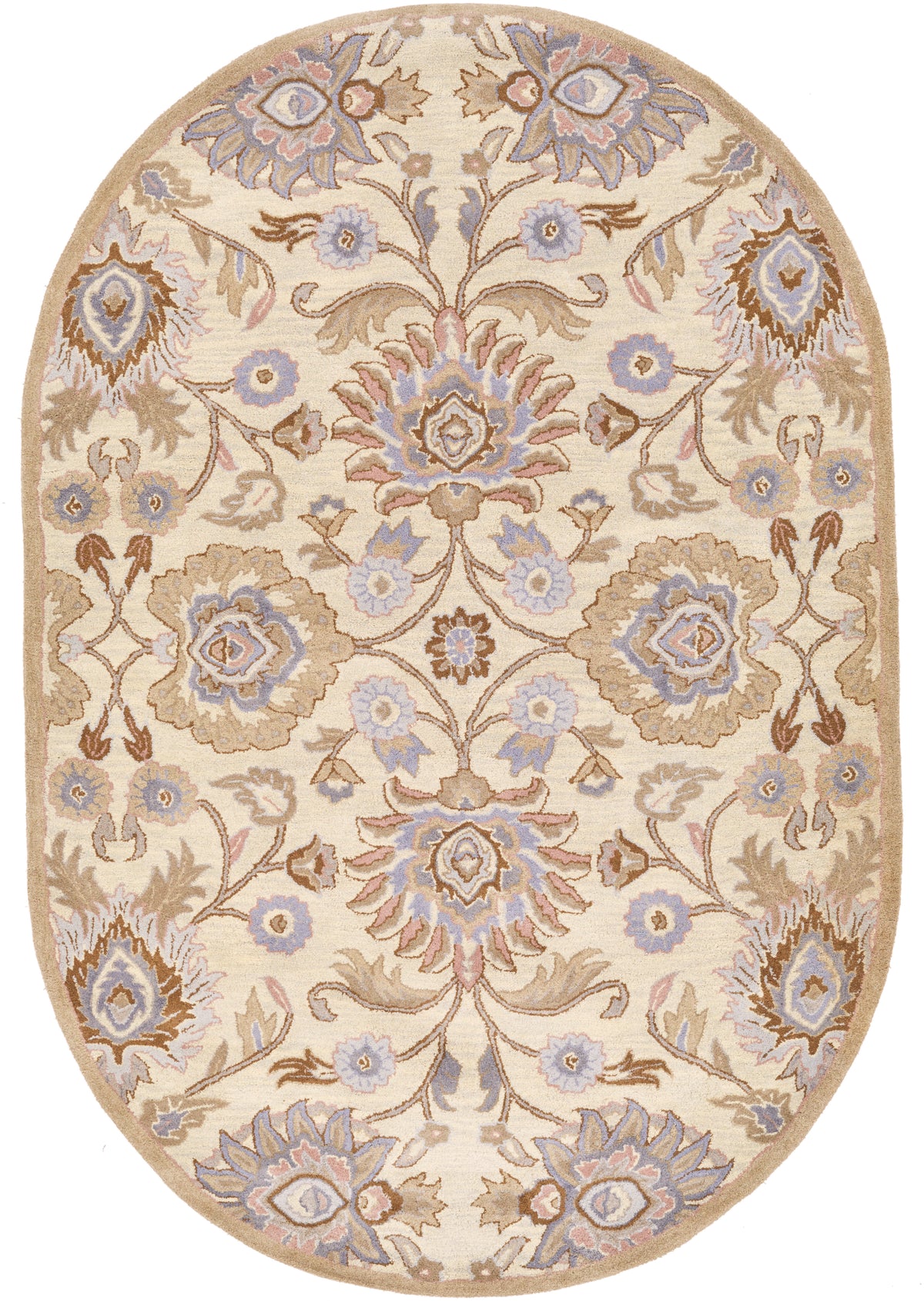 Oval Mediterranean Lilac hand-tufted wool rug with beige, lavender, and brown floral patterns.