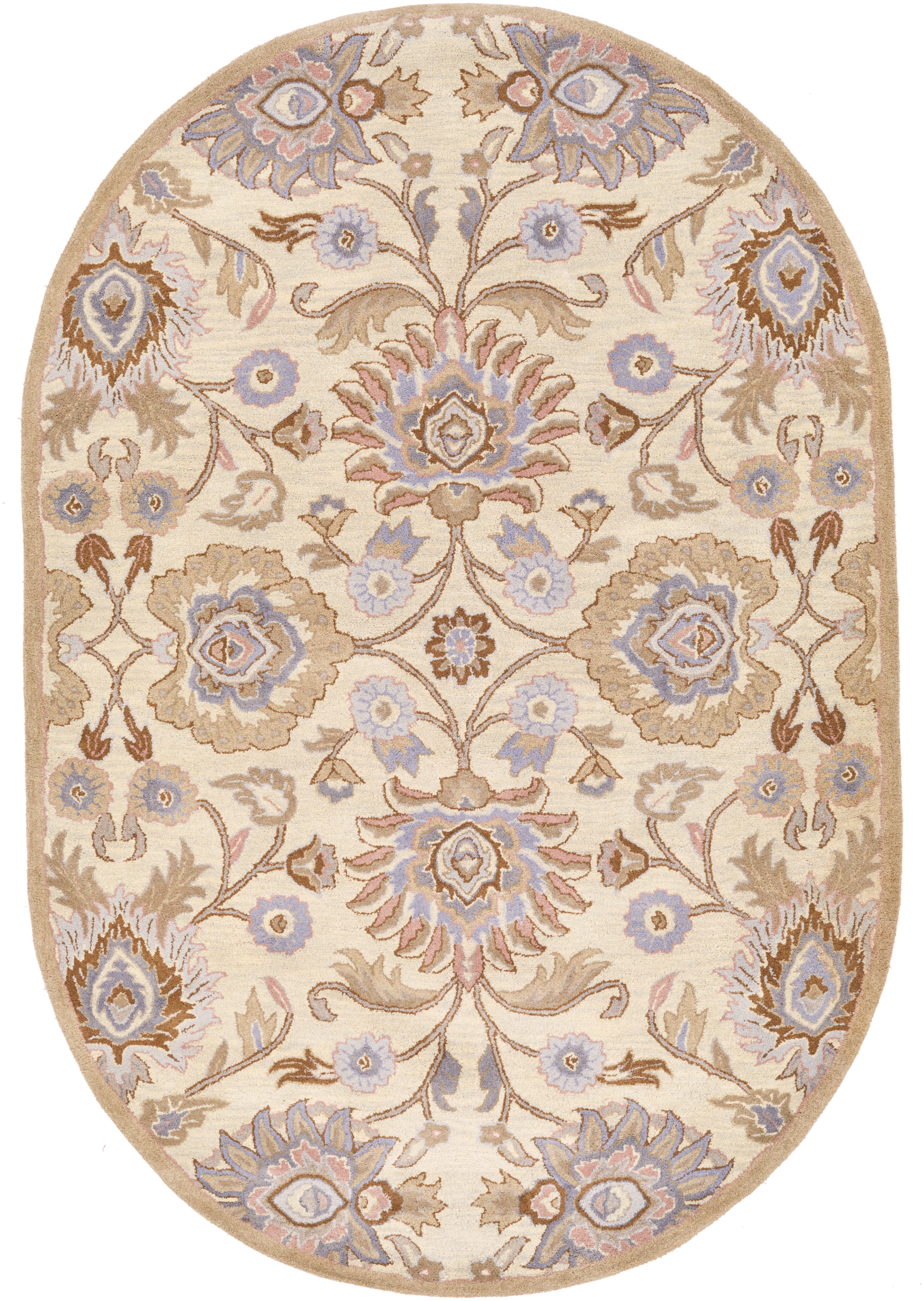 Oval Mediterranean Lilac hand-tufted wool rug with beige, lavender, and brown floral patterns.