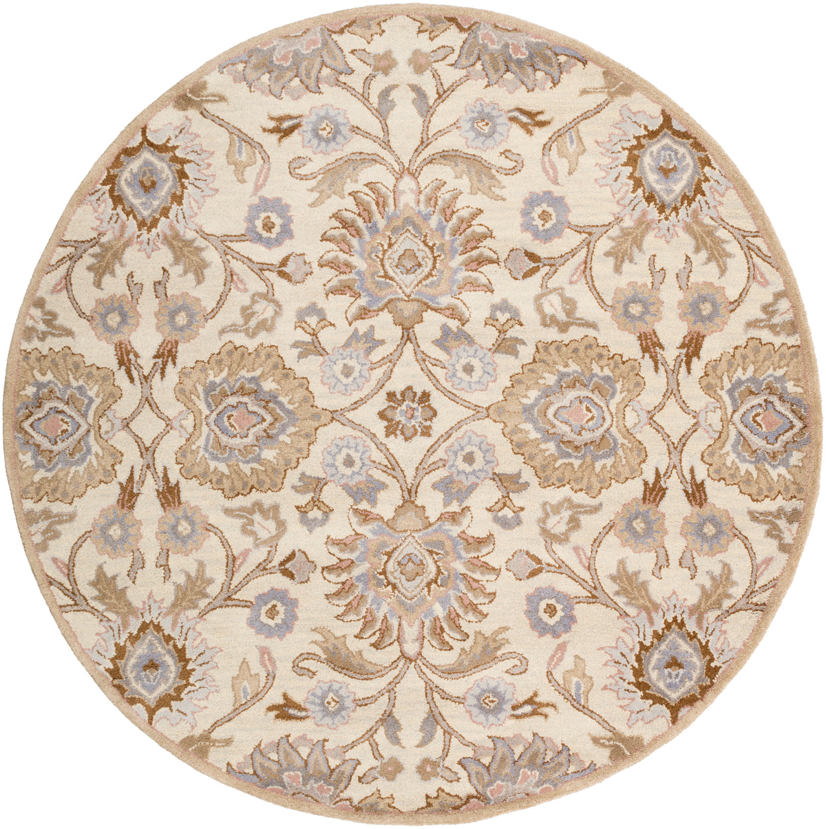 Round Mediterranean Lilac hand-tufted wool rug with beige, lavender, and brown floral patterns.