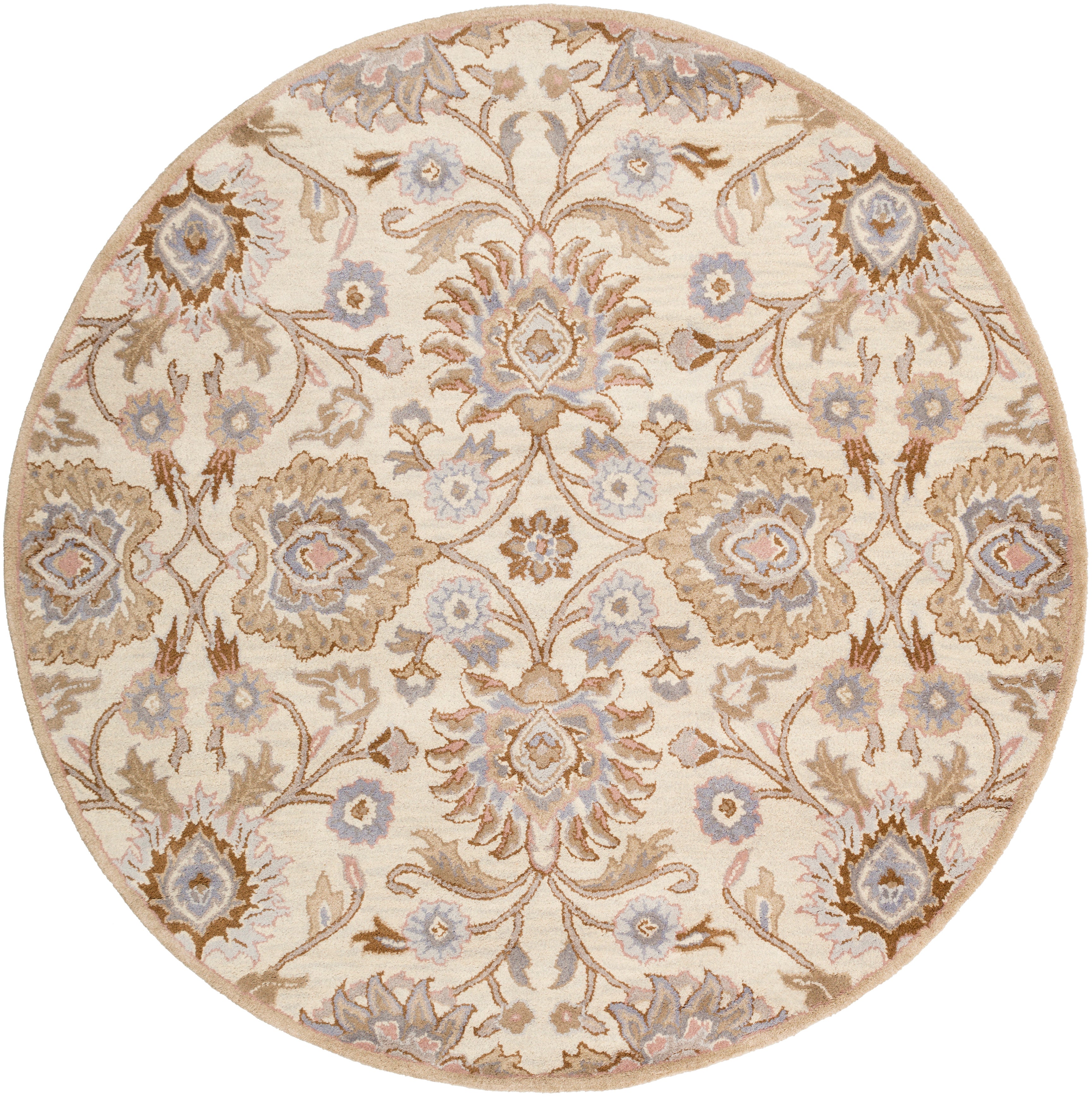 Round Mediterranean Lilac hand-tufted wool rug with beige, lavender, and brown floral patterns.