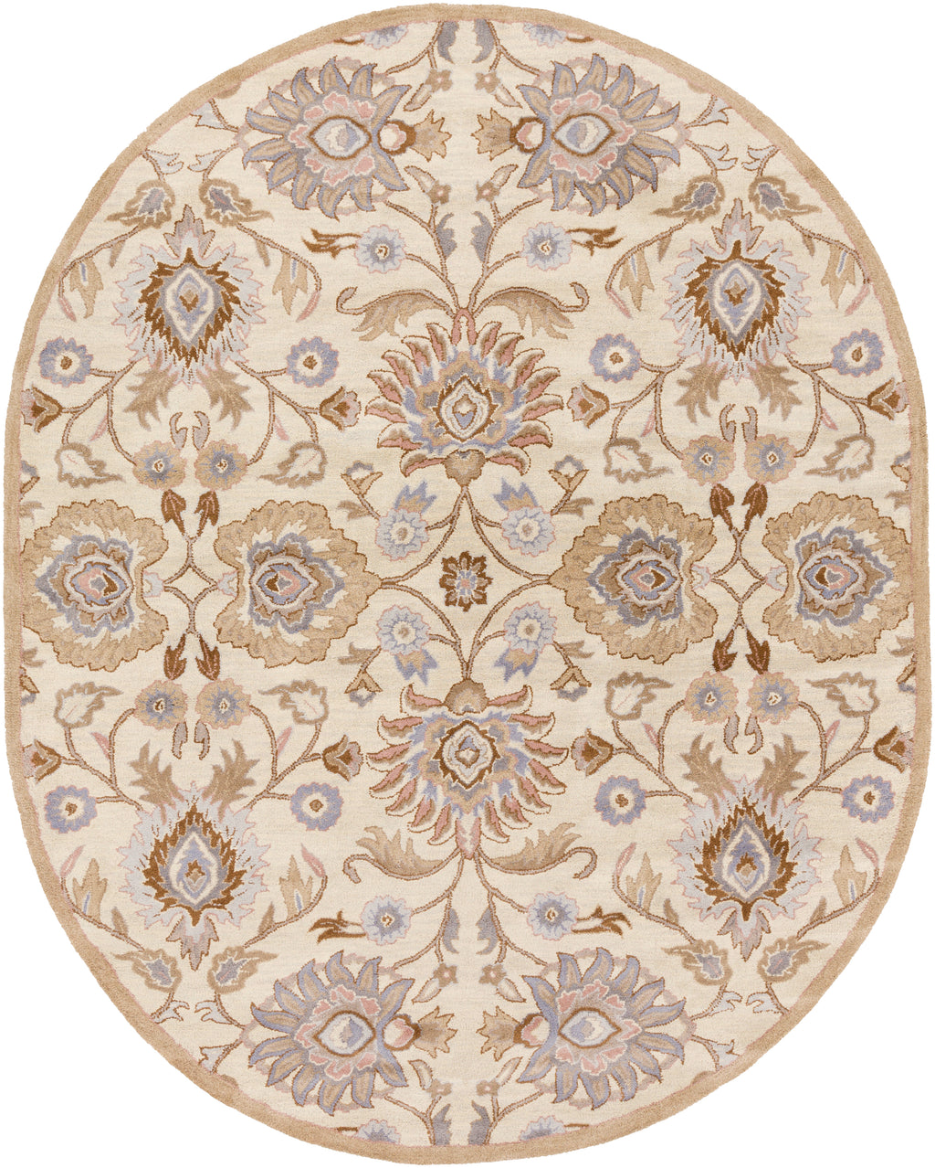 Oval hand-tufted wool rug with a beige background and lilac floral patterns.