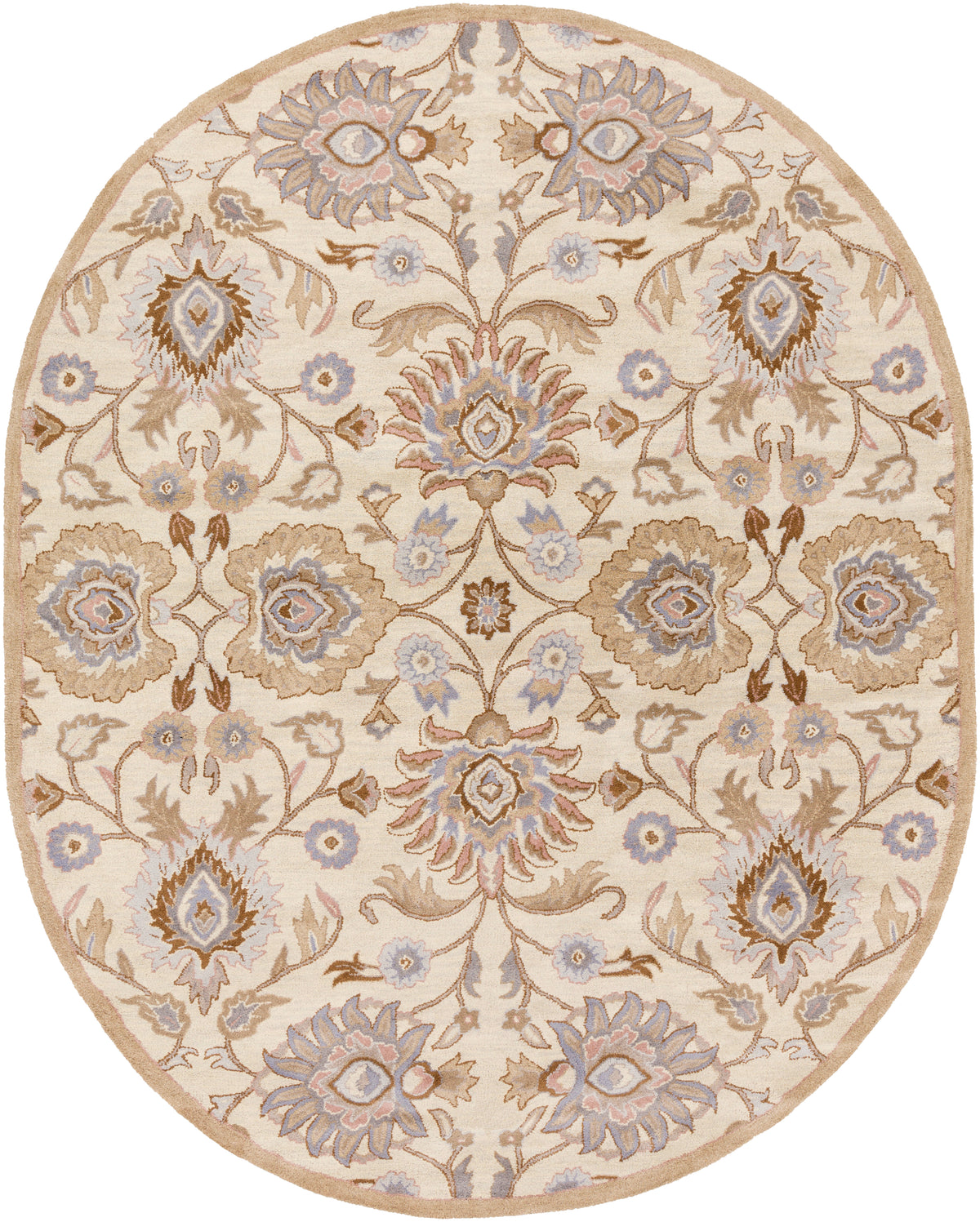 Oval hand-tufted wool rug with a beige background and lilac floral patterns.
