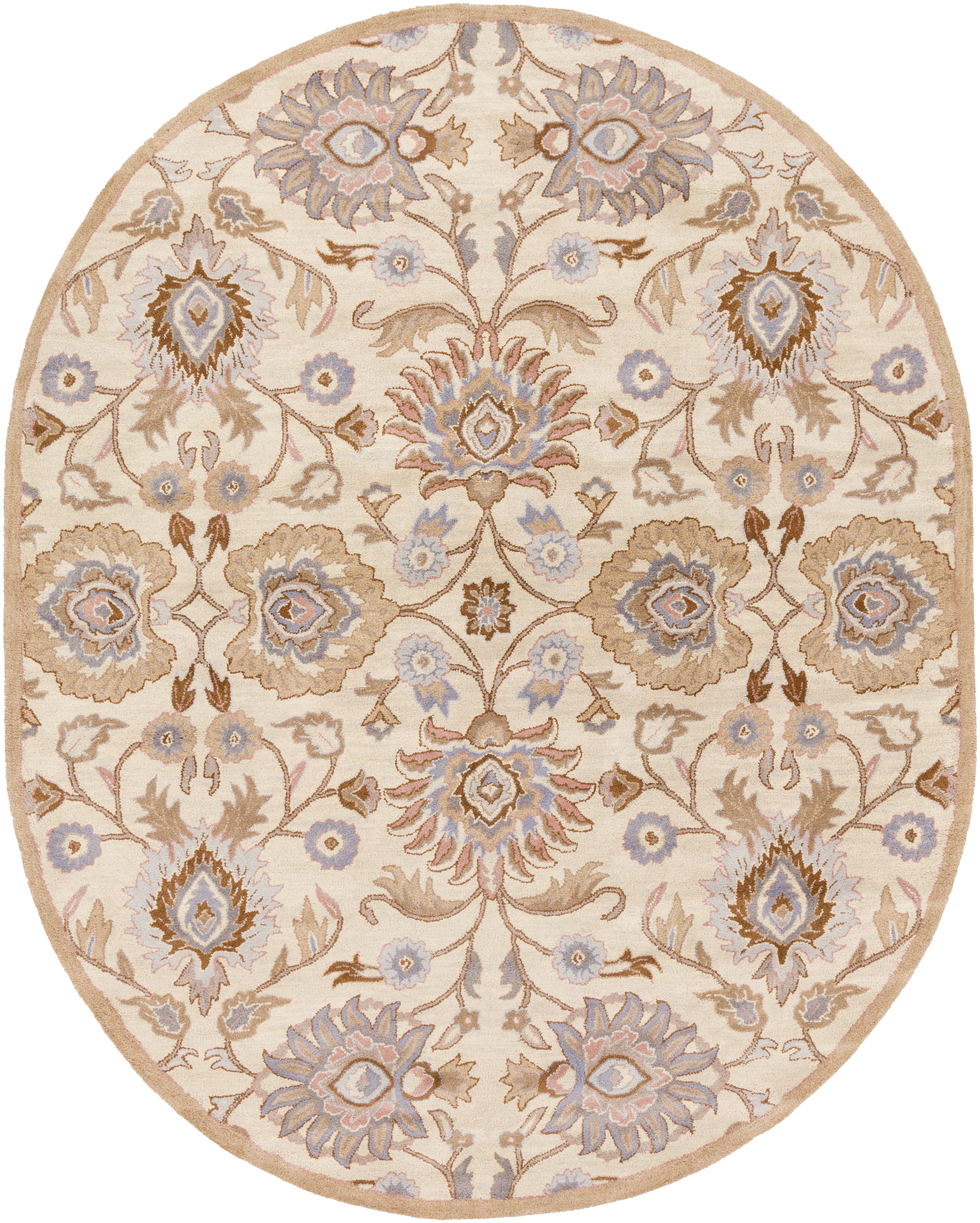 Oval hand-tufted wool rug with a beige background and lilac floral patterns.
