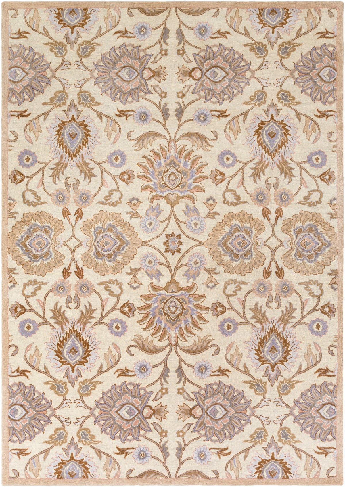 Mediterranean Lilac hand-tufted wool rug with beige, lavender, and brown floral patterns.
