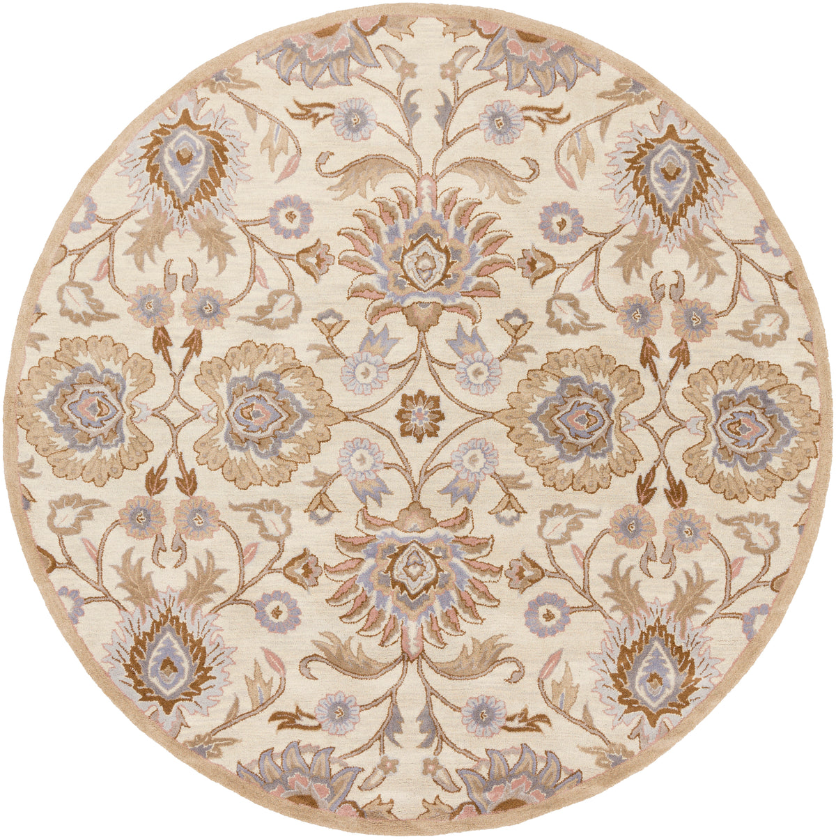 Round Mediterranean Lilac hand-tufted wool rug with beige, lavender, and brown floral patterns.