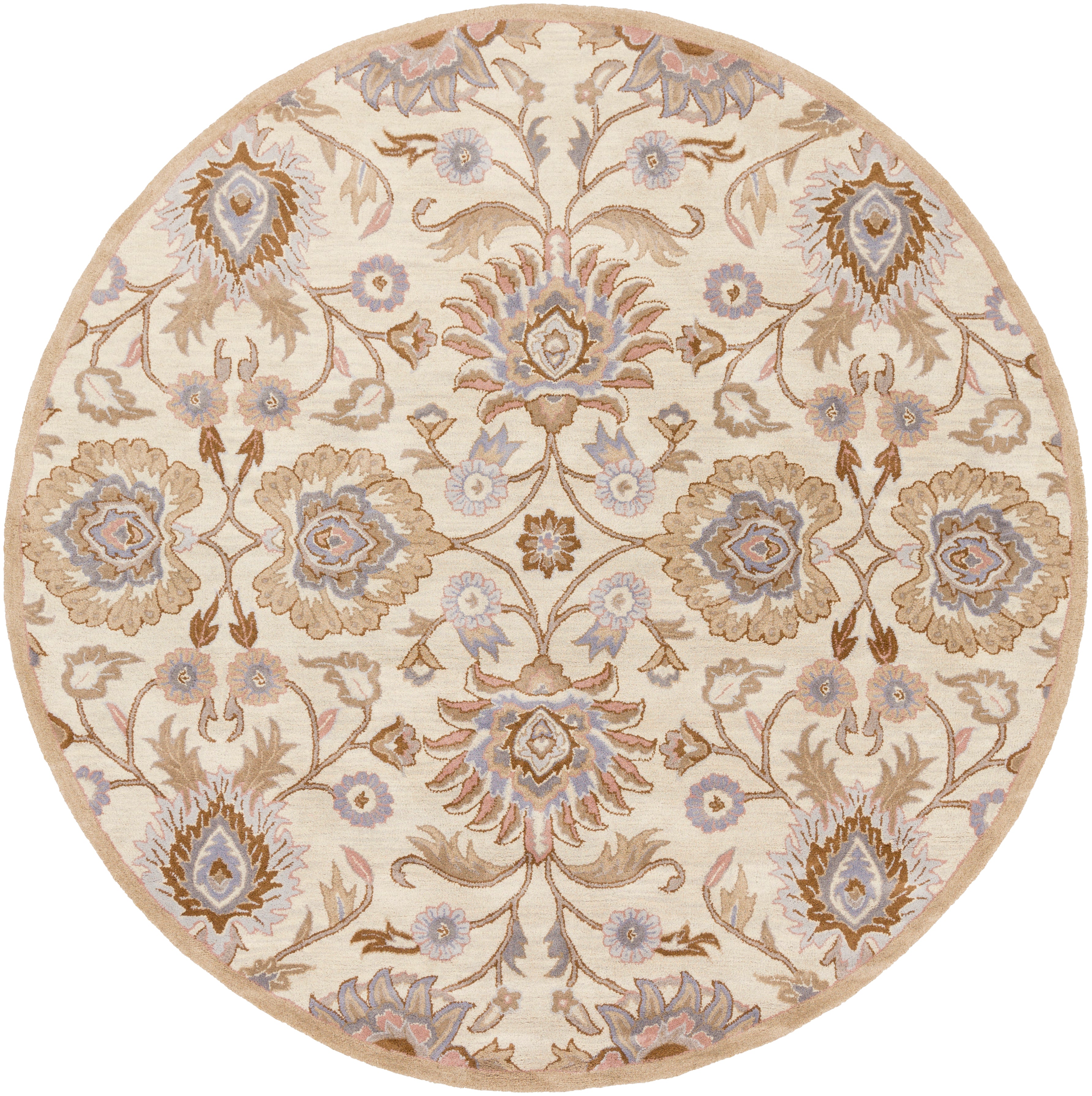 Round Mediterranean Lilac hand-tufted wool rug with beige, lavender, and brown floral patterns.
