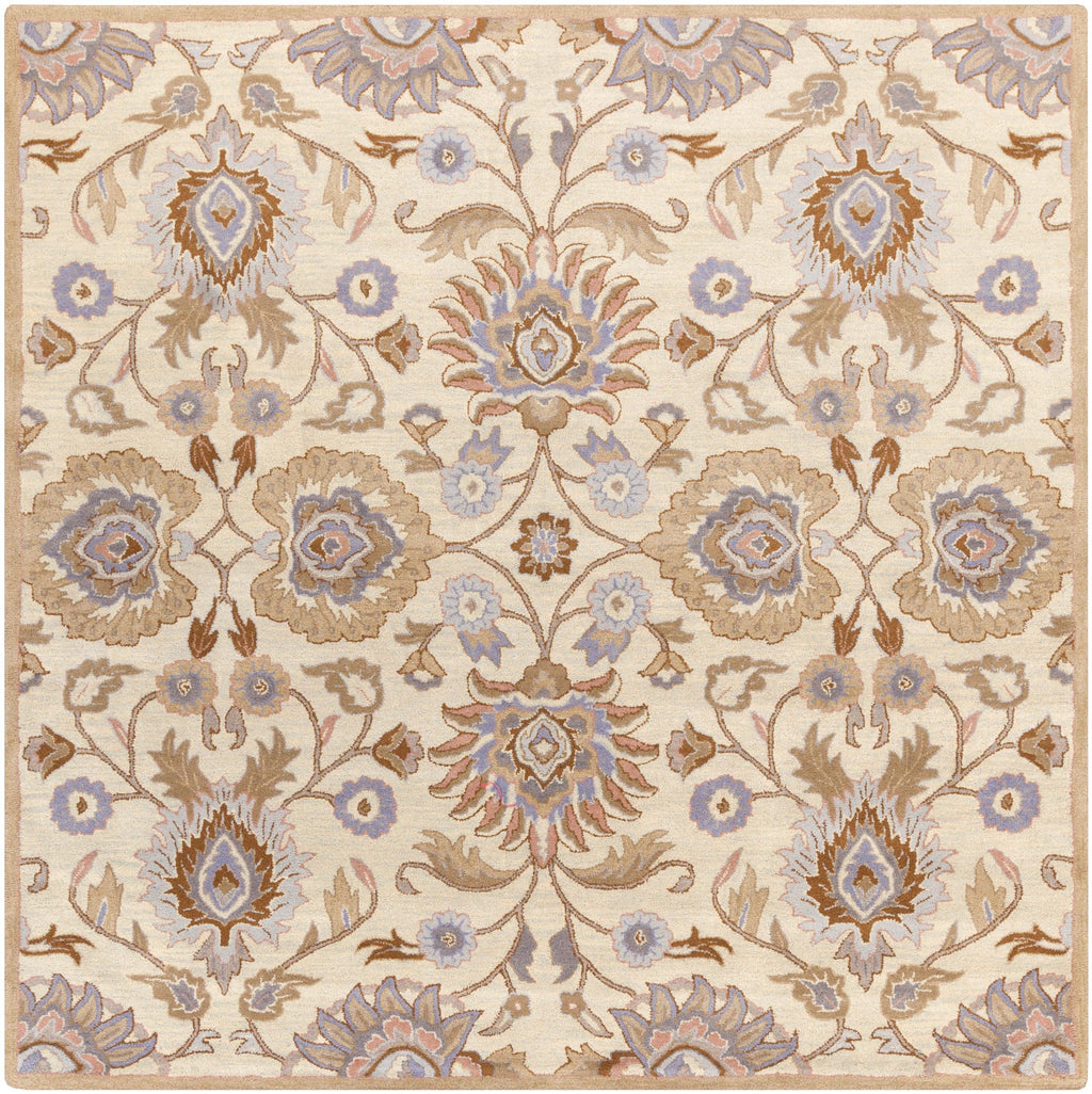 Mediterranean Lilac hand-tufted wool rug with a beige, lavender, and brown floral pattern.