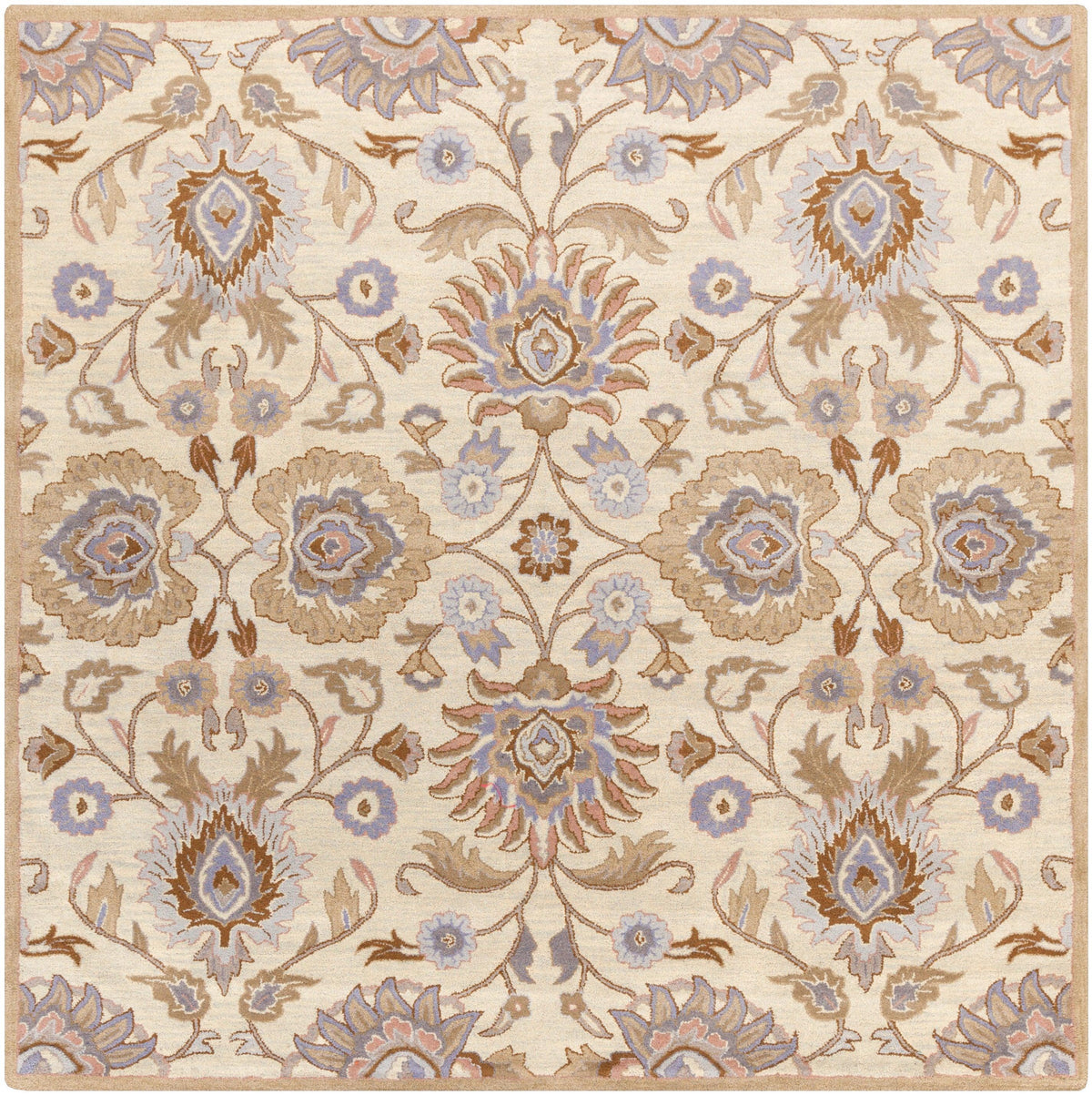 Mediterranean Lilac hand-tufted wool rug with a beige, lavender, and brown floral pattern.