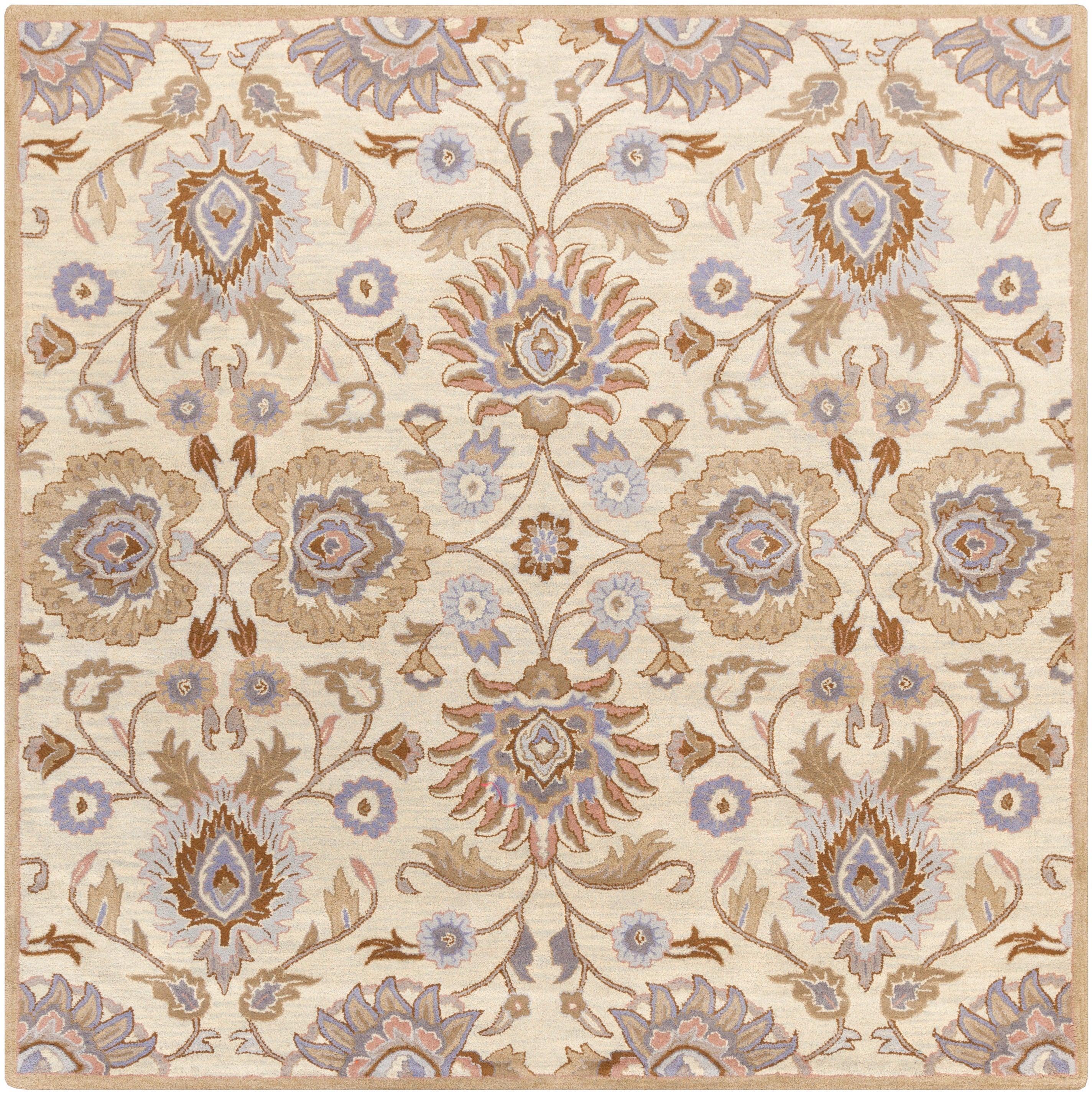 Mediterranean Lilac hand-tufted wool rug with a beige, lavender, and brown floral pattern.