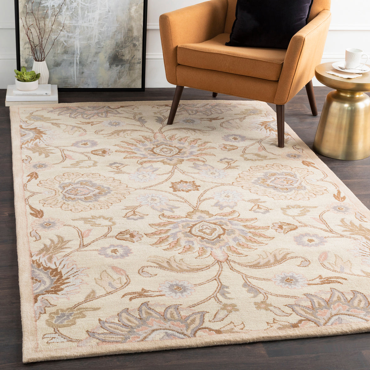 Mediterranean Lilac hand-tufted wool rug with a beige floral pattern in a living room.
