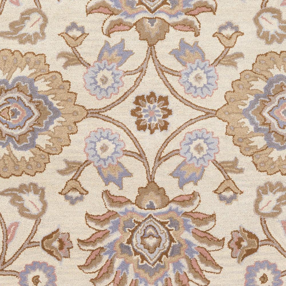 Mediterranean Lilac hand-tufted wool rug with beige, lavender, and brown floral patterns.