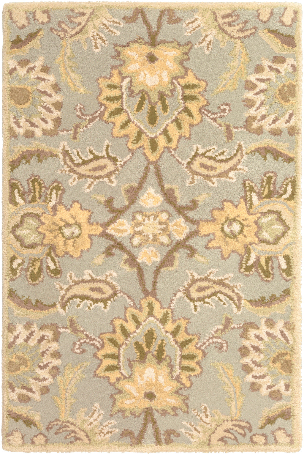 Mediterranean Sky hand-tufted wool rug with sage, ivory, and olive floral patterns.