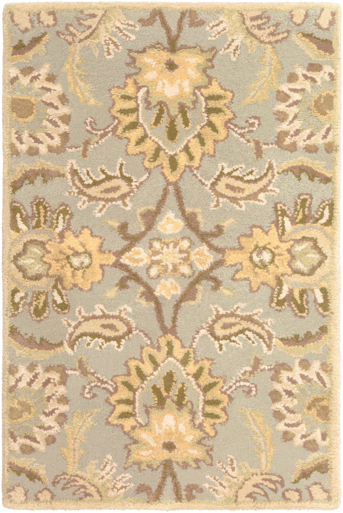 Mediterranean Sky hand-tufted wool rug with sage, ivory, and olive floral patterns.