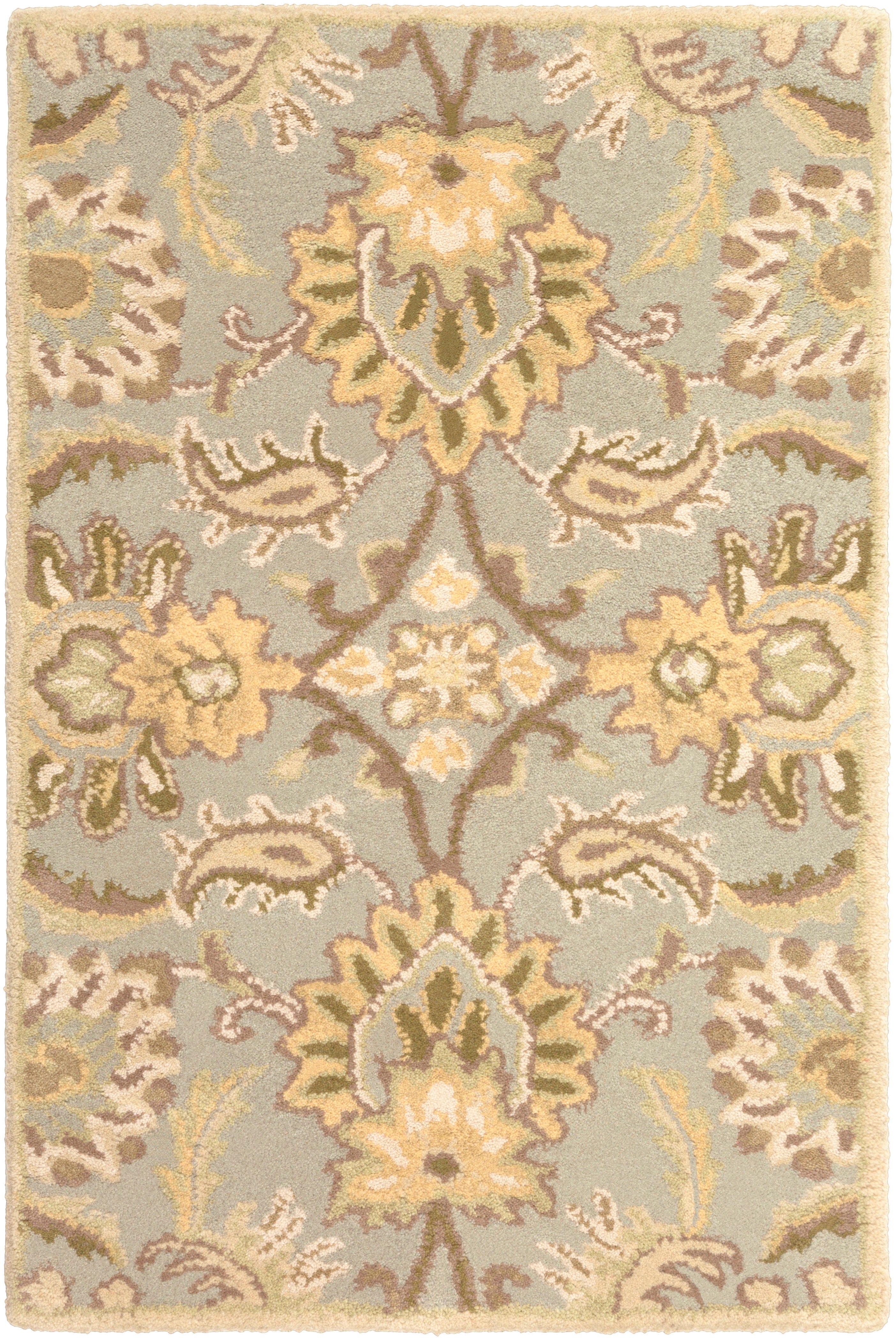 Mediterranean Sky hand-tufted wool rug with sage, ivory, and olive floral patterns.