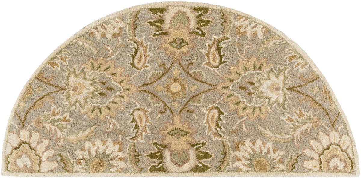Half-round Mediterranean Sky hand-tufted wool rug with gray, sage, and ivory floral patterns