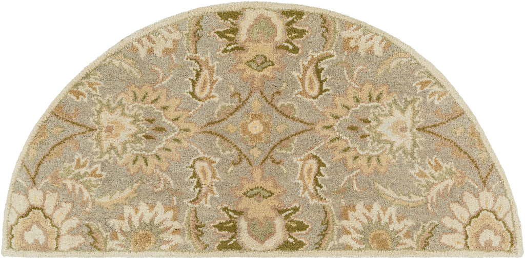 Half-circle Mediterranean Sky hand-tufted wool rug with sage, gray, and ivory floral patterns.