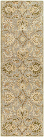 Mediterranean Sky hand-tufted wool runner rug with gray, sage, ivory, and olive floral patterns.