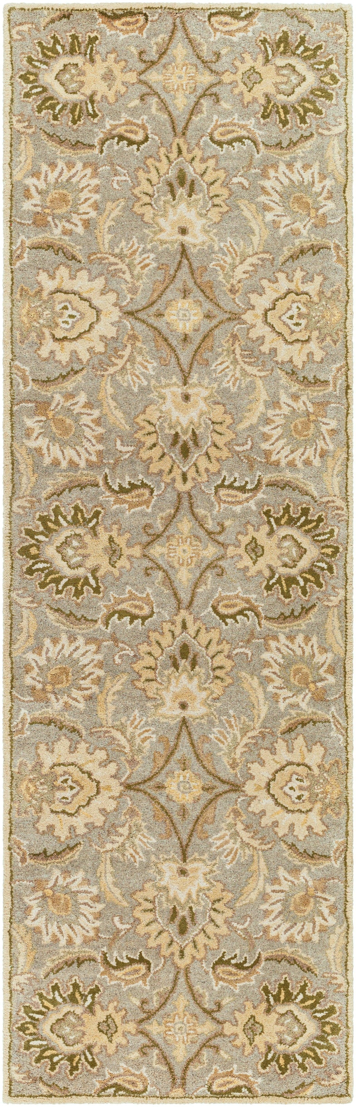 Mediterranean Sky hand-tufted wool runner rug with gray, sage, ivory, and olive floral patterns.