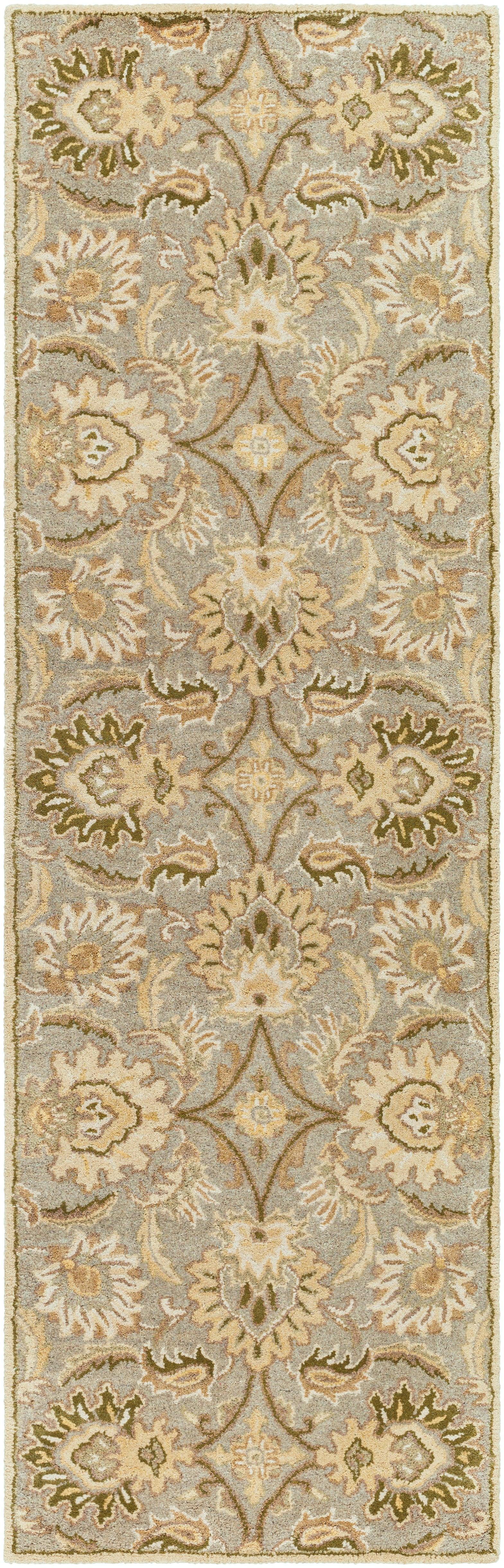 Mediterranean Sky hand-tufted wool runner rug with gray, sage, ivory, and olive floral patterns.