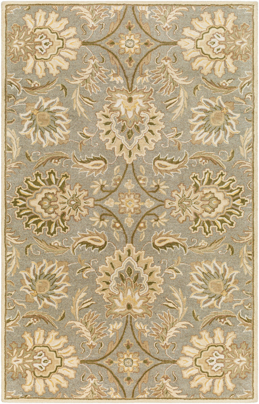 Mediterranean Sky hand-tufted wool rug with sage, gray, and ivory floral patterns.