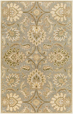 Mediterranean Sky hand-tufted wool rug with sage, gray, and ivory floral patterns.