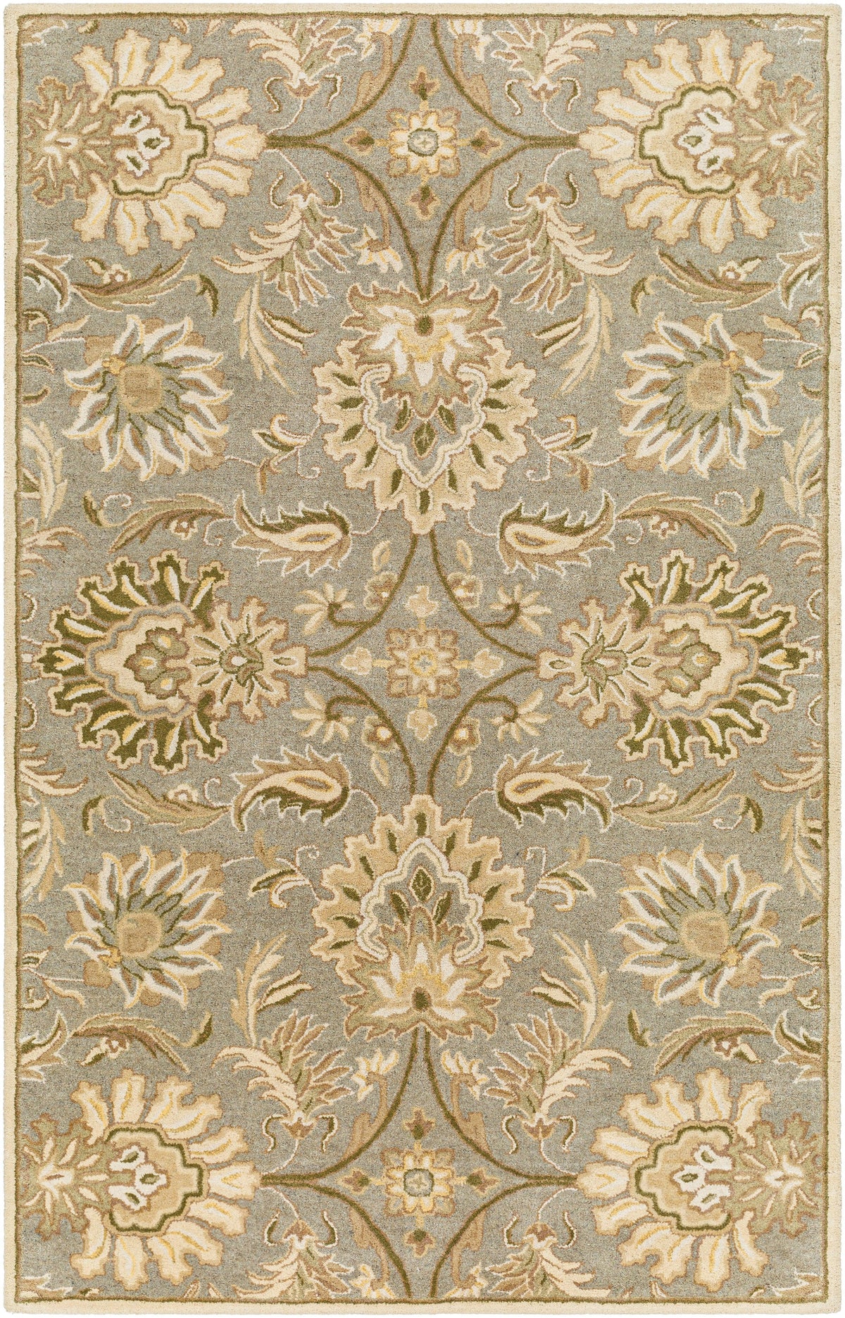 Mediterranean Sky hand-tufted wool rug with sage, gray, and ivory floral patterns.