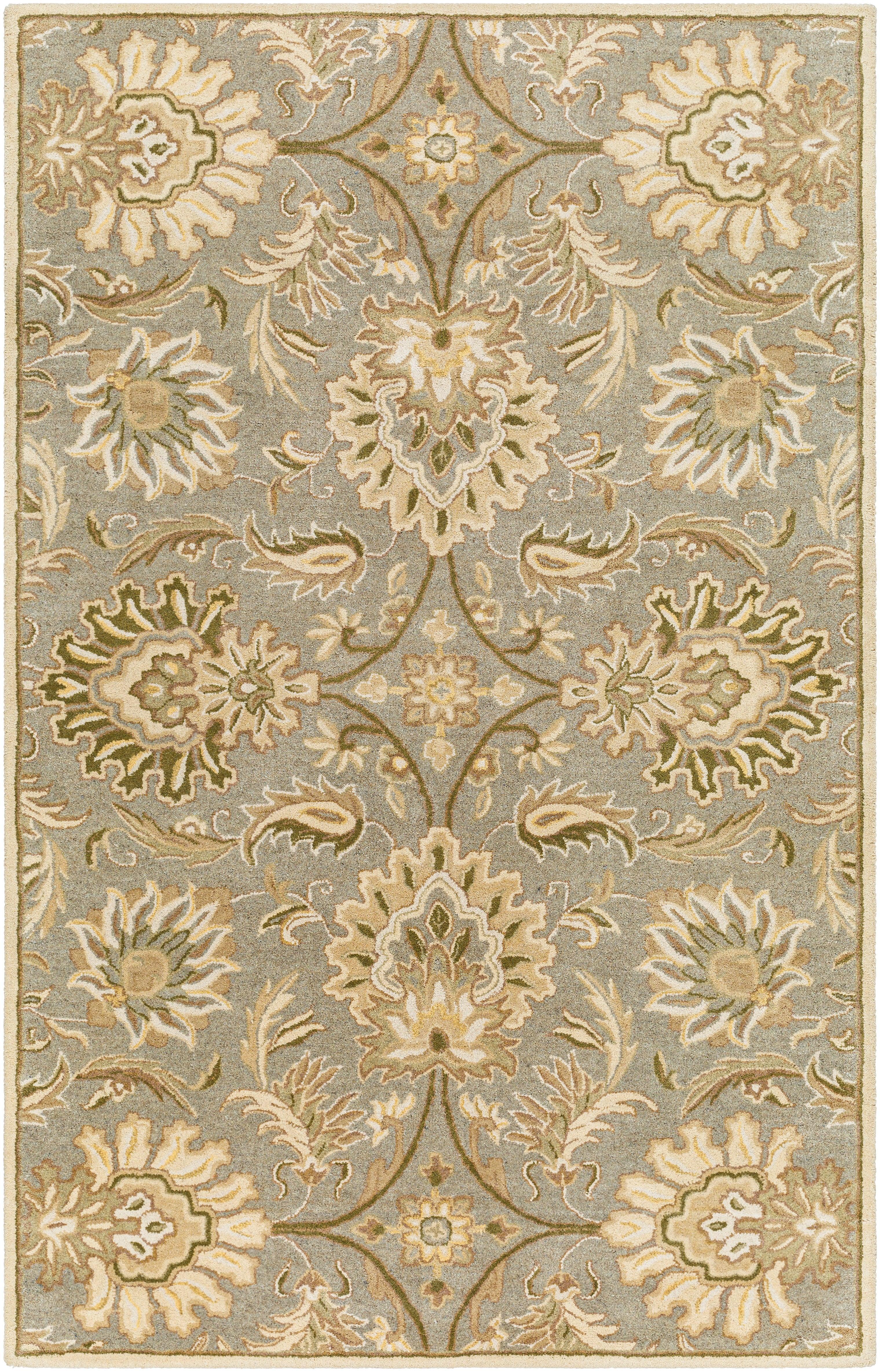 Mediterranean Sky hand-tufted wool rug with sage, gray, and ivory floral patterns.