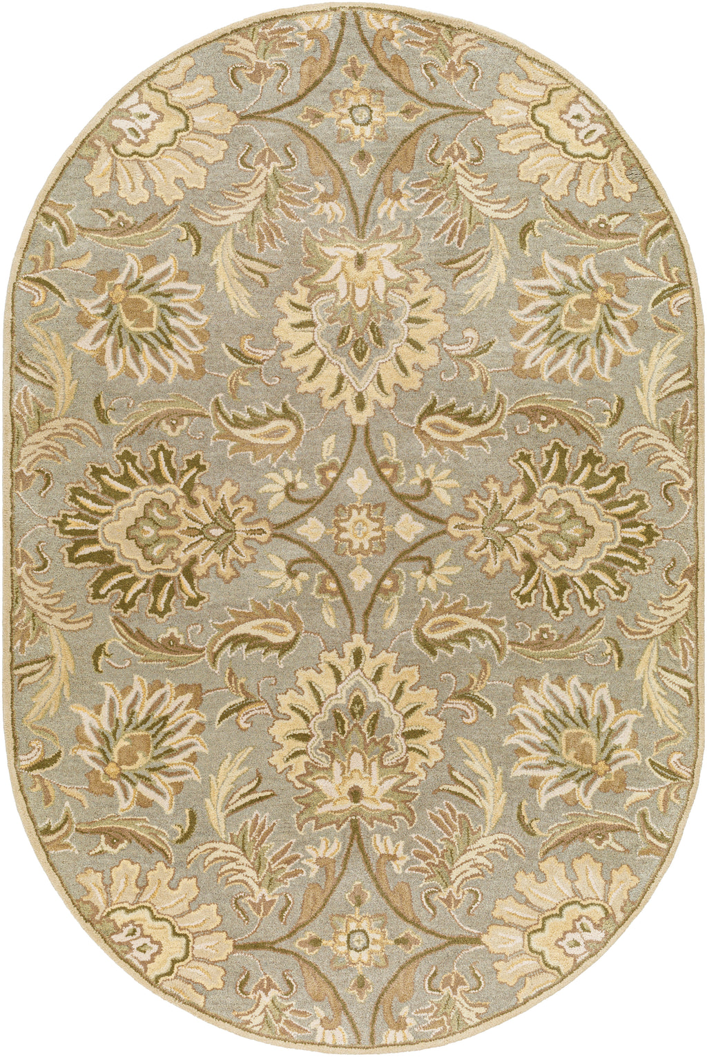 Oval Mediterranean Sky hand-tufted wool rug with gray, sage, and ivory floral patterns.