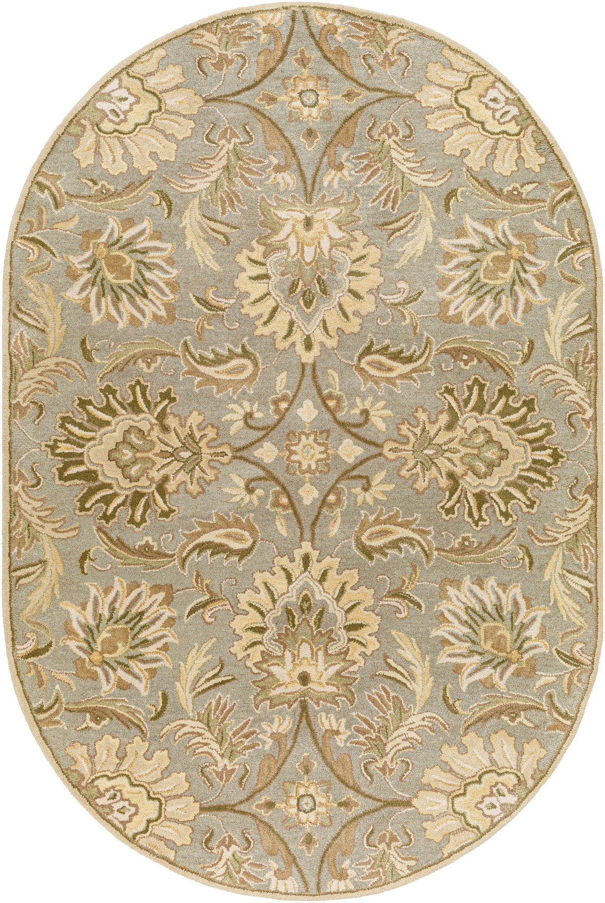 Oval Mediterranean Sky hand-tufted wool rug with gray, sage, and ivory floral patterns.