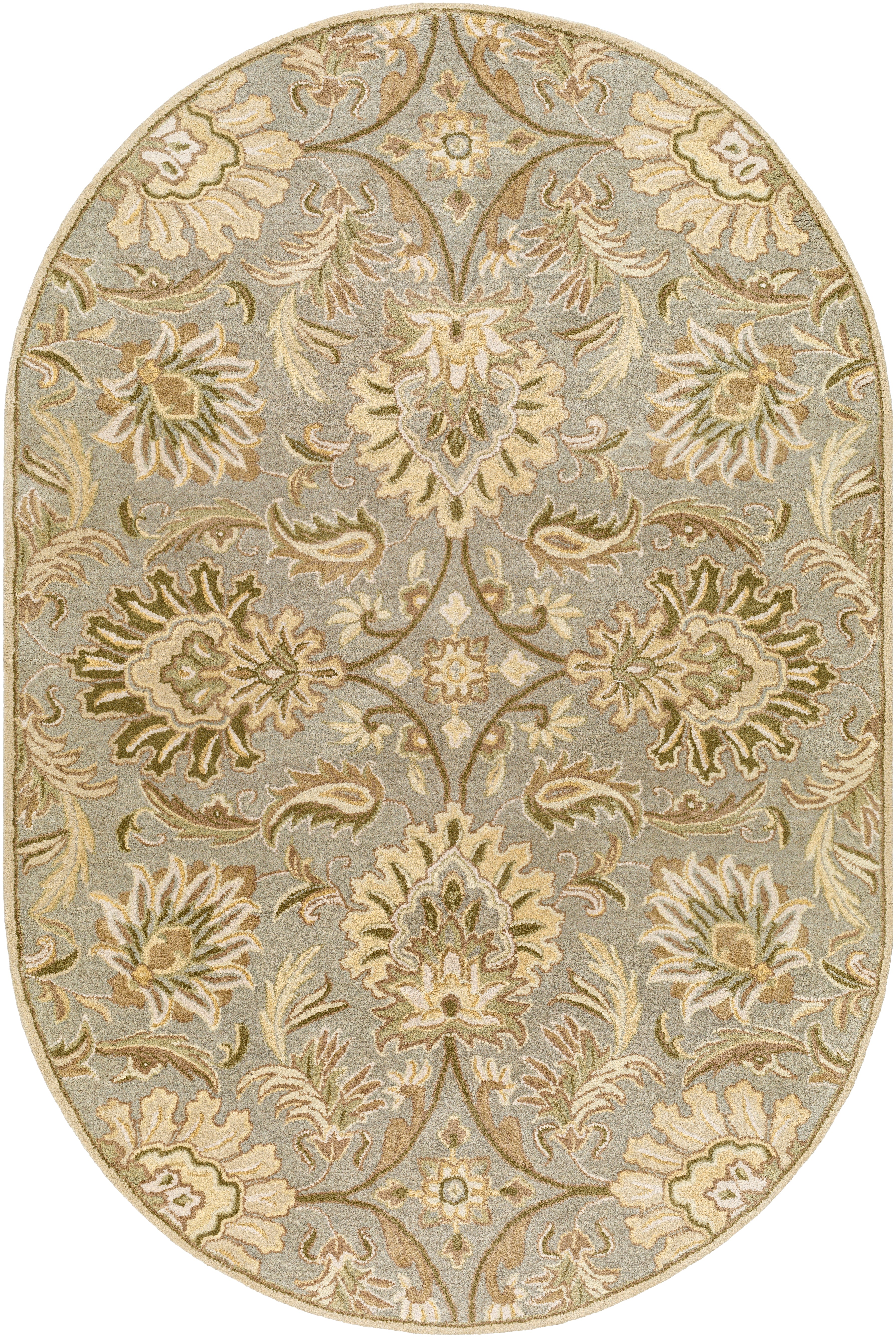Oval Mediterranean Sky hand-tufted wool rug with gray, sage, and ivory floral patterns.
