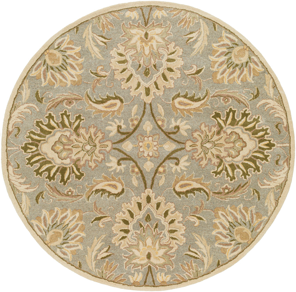 Round Mediterranean Sky hand-tufted wool rug with sage, gray, and ivory floral patterns.