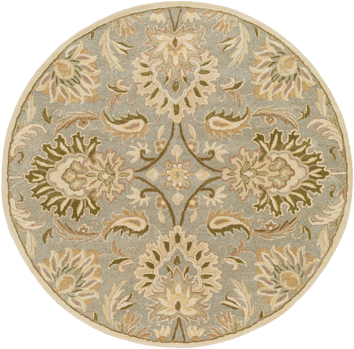 Round Mediterranean Sky hand-tufted wool rug with sage, gray, and ivory floral patterns.