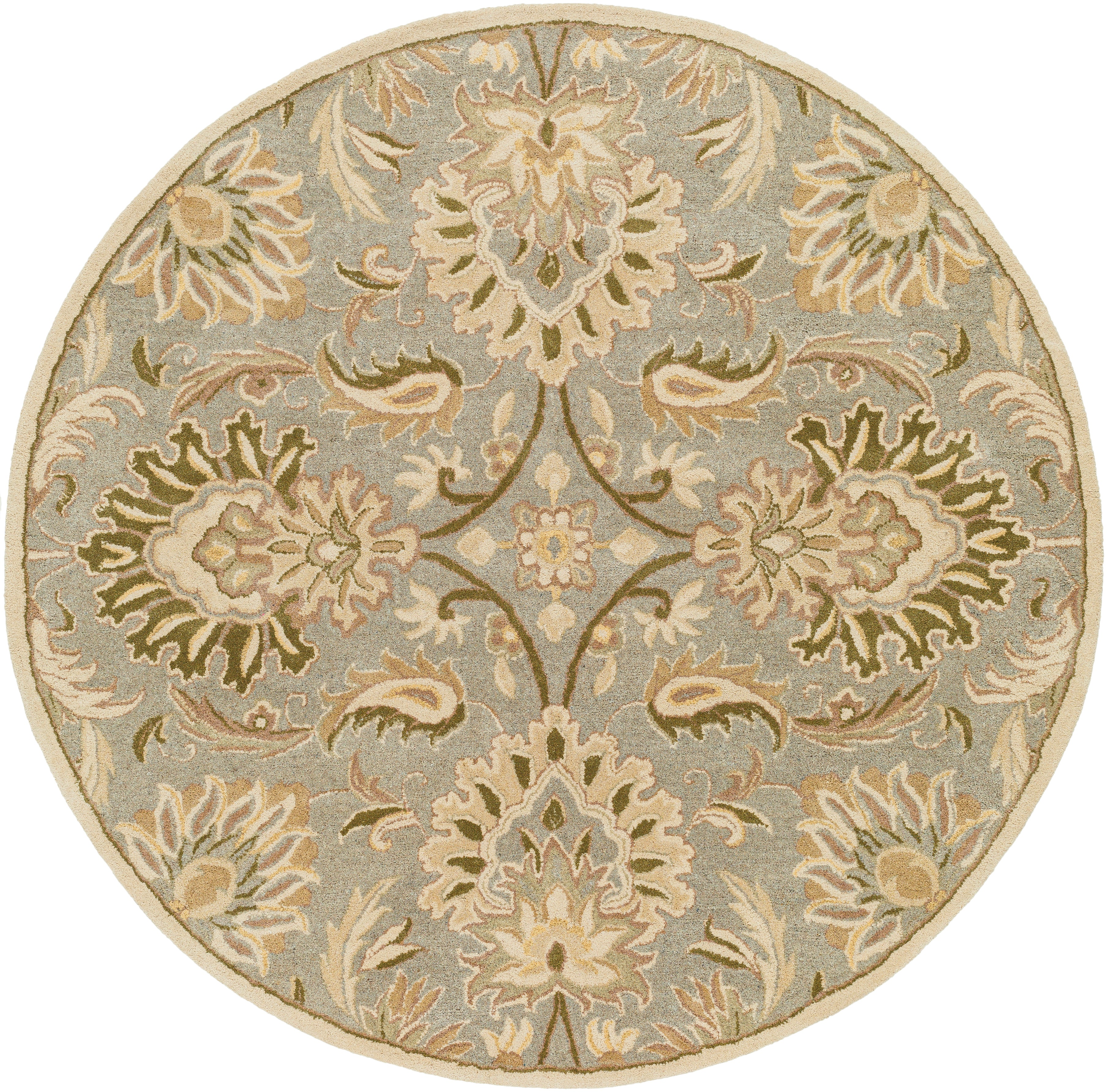 Round Mediterranean Sky hand-tufted wool rug with sage, gray, and ivory floral patterns.