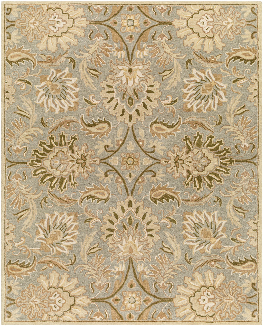 Mediterranean Sky hand-tufted wool rug with sage, gray, and ivory floral patterns.