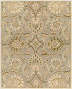 Mediterranean Sky hand-tufted wool rug with sage, gray, and ivory floral patterns.