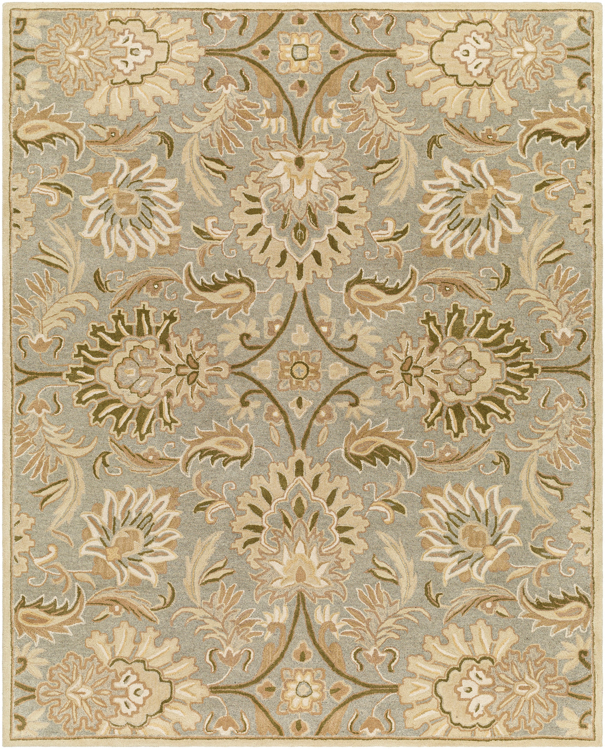 Mediterranean Sky hand-tufted wool rug with sage, gray, and ivory floral patterns.